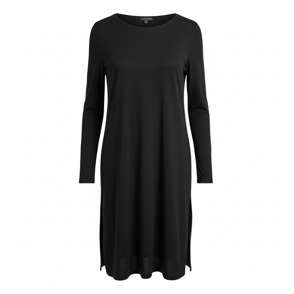 Eileen Fisher Black Long Sleeve Jersey Shift Dress Size Small S Minimalist Class
